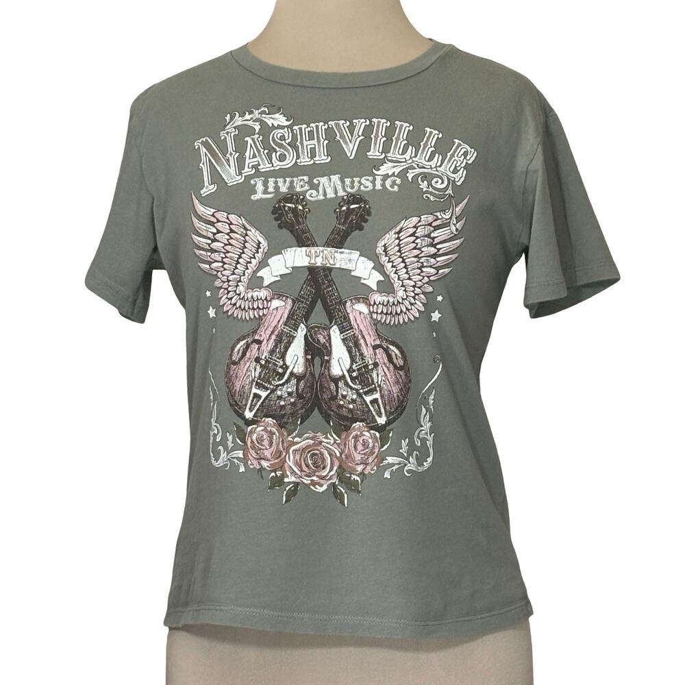 Originality Nashville Guitar Wings Graphic Tee Girls XL Olive Green USA